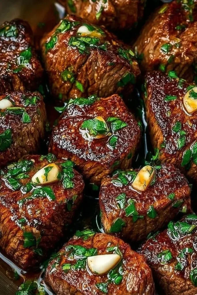 Garlic butter steak bites served on a plate with herbs.