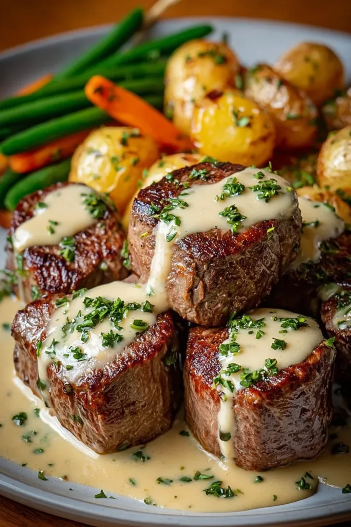 Delicious Garlic Butter Steak Bites with rich Parmesan cream sauce on a plate