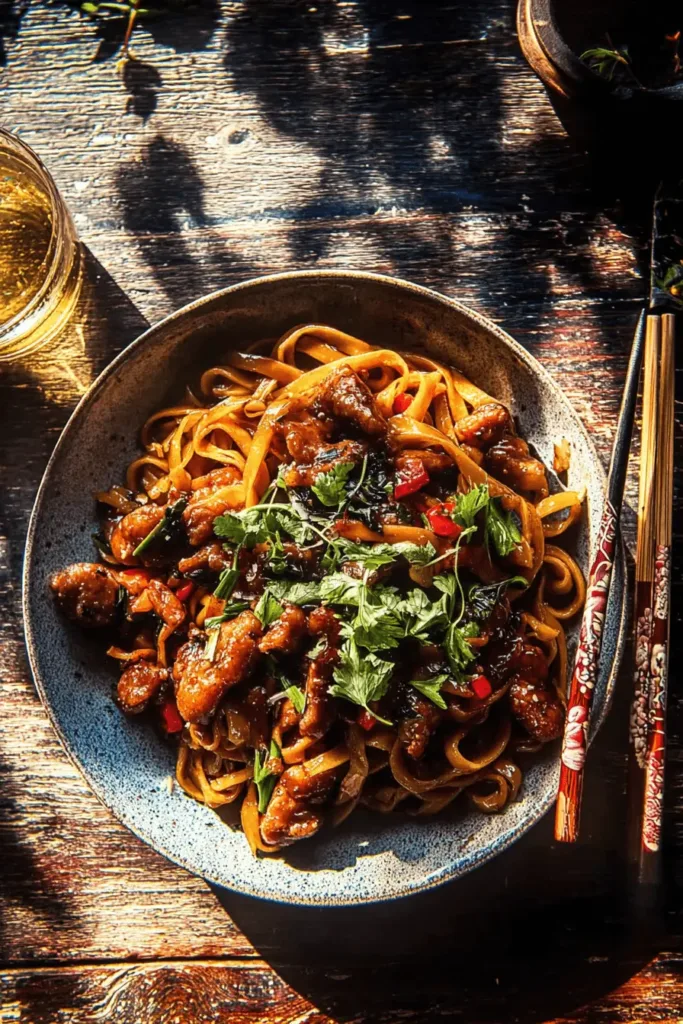 Overhead view of a vibrant bowl of glossy Garlic Chicken Noodles garnished with fresh cilantro and red chilies on a rustic wooden table.