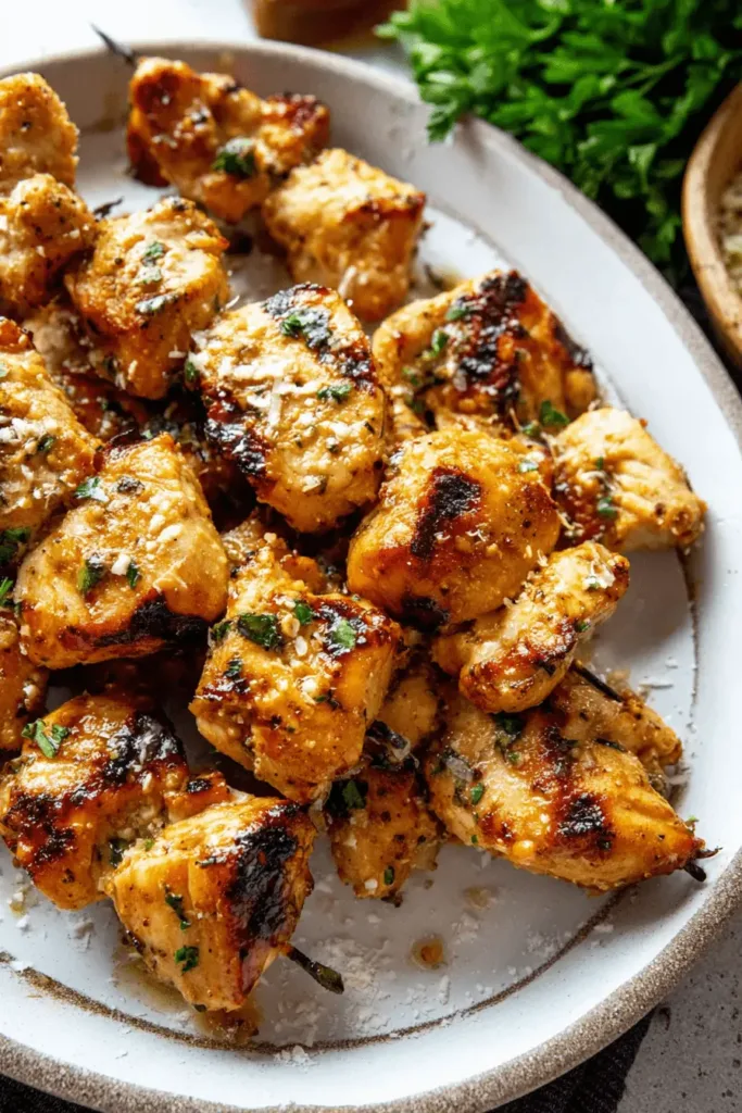 Close-up of vibrant grilled garlic parmesan chicken skewers garnished with fresh herbs and grated cheese on a rustic white plate.
