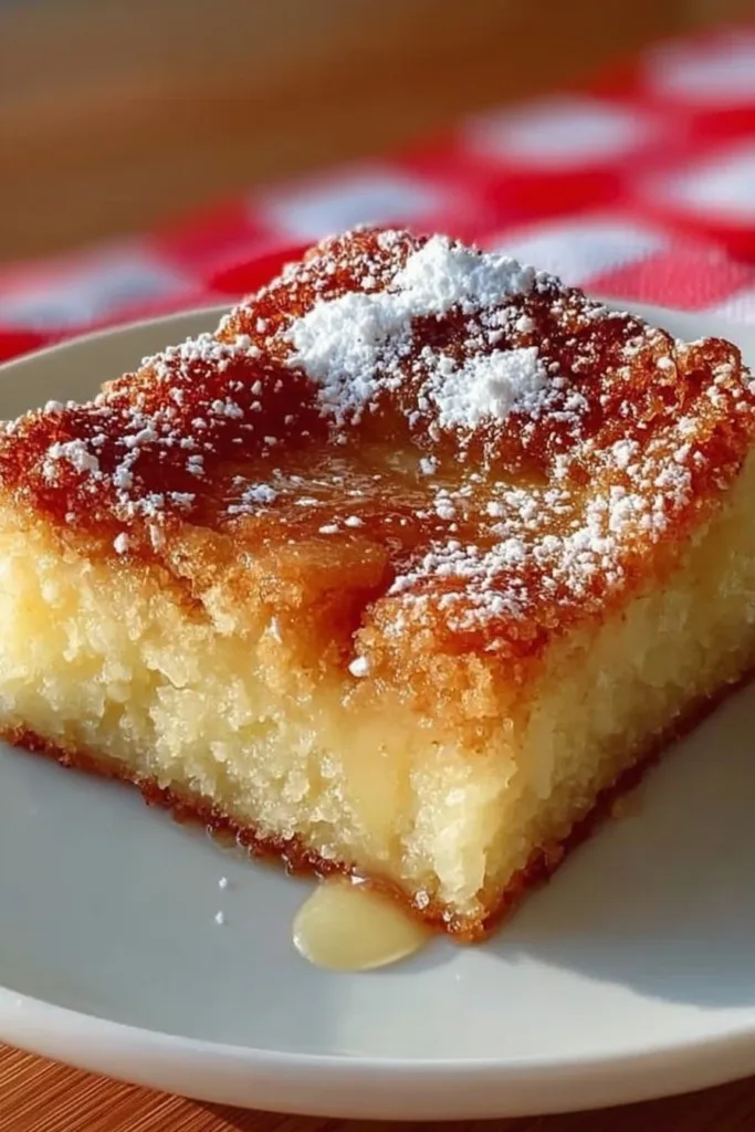 Delicious slice of Gooey Butter Cake with a gooey center and golden crust