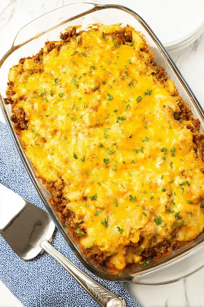 Hearty ground beef potato casserole in a glass baking dish, topped with melted golden cheese and fresh herbs.