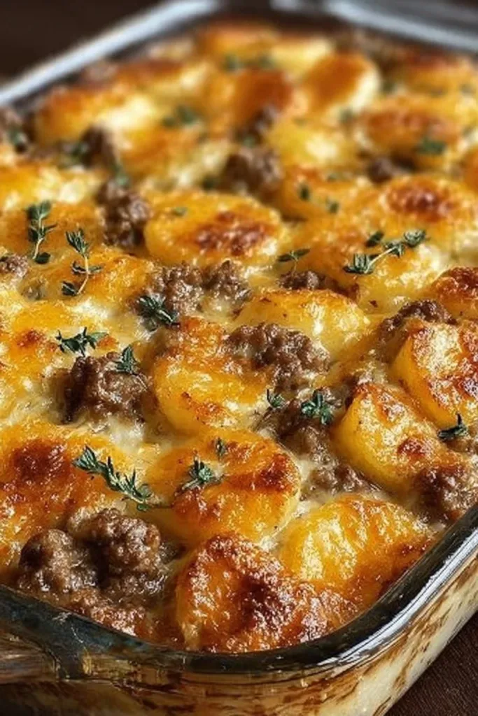 Delicious Hamburger Potato Casserole topped with melted cheese and herbs.