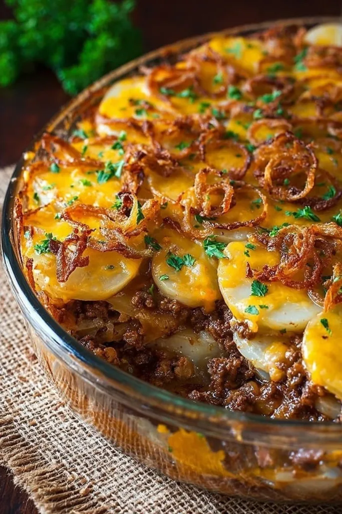 Delicious Hobo Casserole loaded with hearty ingredients in a baking dish.