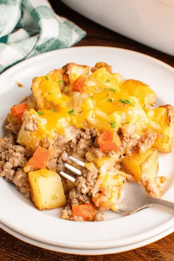 Close-up of an appetizing Hobo Casserole with bubbly melted cheddar cheese, ground beef, potatoes, and carrots, garnished with fresh herbs.