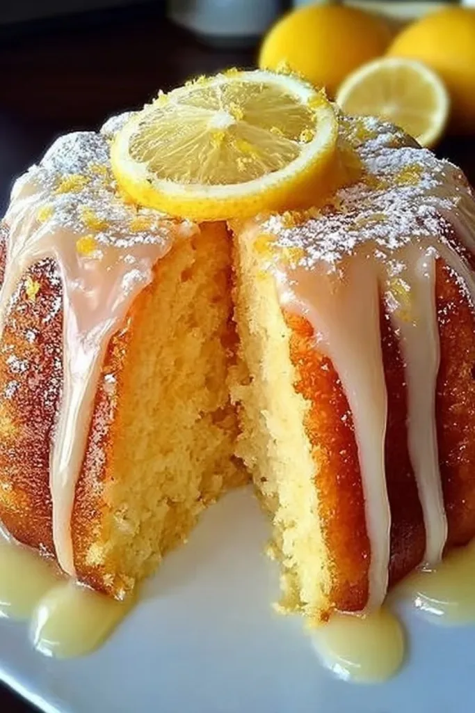 Delicious homemade moist lemon cake with fresh lemon slices on top