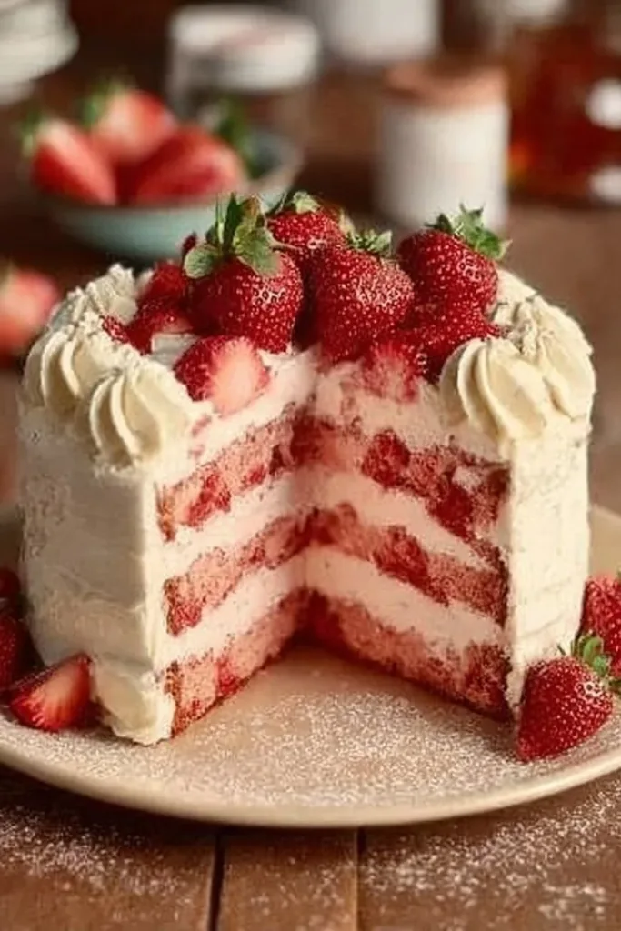 A slice of homemade strawberry cake topped with fresh strawberries and whipped cream