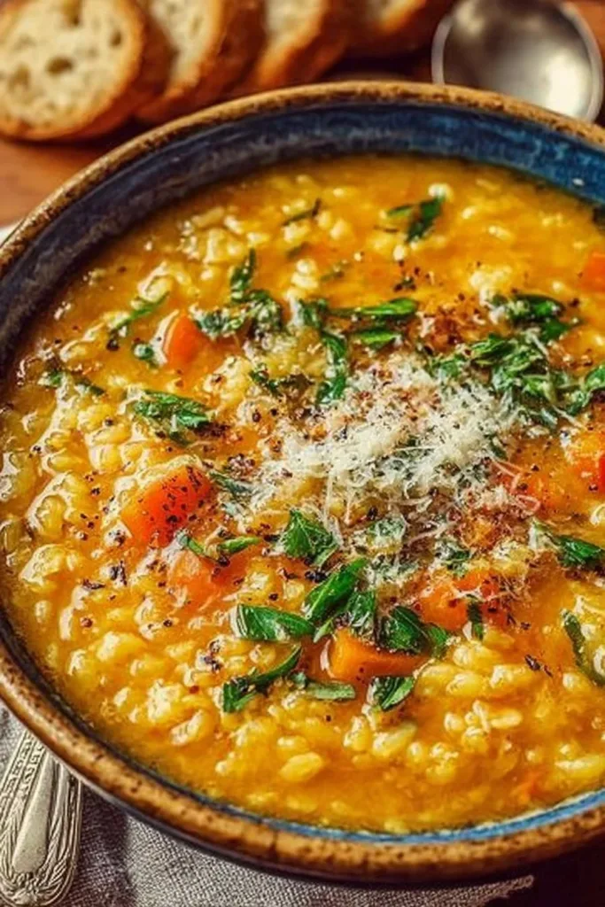 Bowl of Italian Penicillin Soup with fresh herbs and vegetables