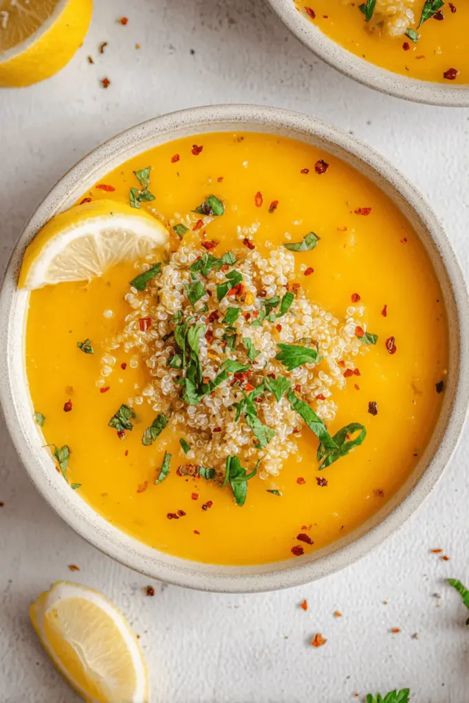 Overhead view of a hearty bowl of Italian Penicillin Soup, garnished with fluffy quinoa, fresh herbs, chili flakes, and a lemon wedge on a light surface.