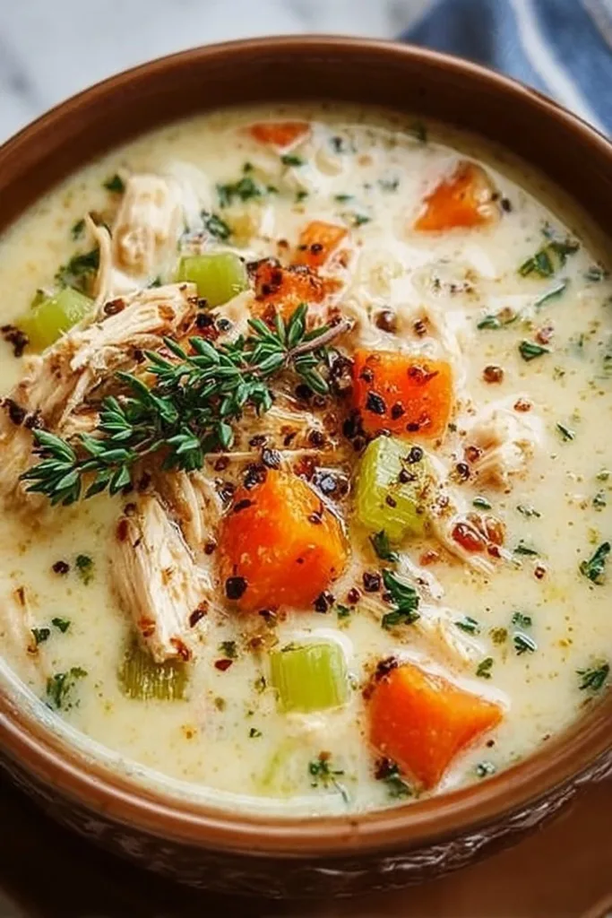 Bowl of Keto Chicken Pot Pie Soup with chicken, vegetables, and herbs