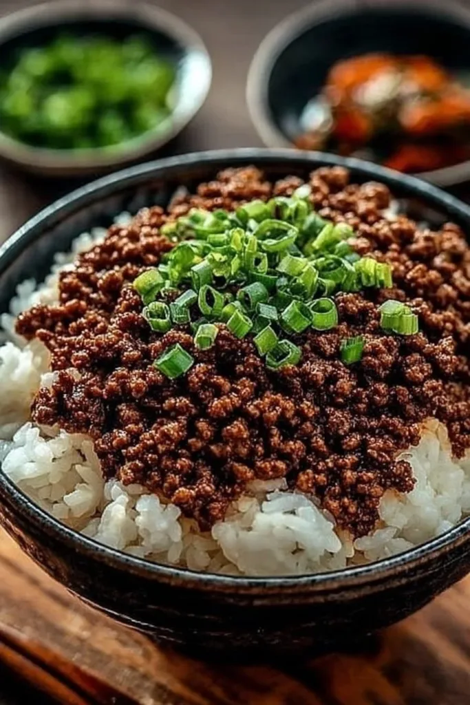 Korean Ground Beef Bowl garnished with vegetables and served in a bowl
