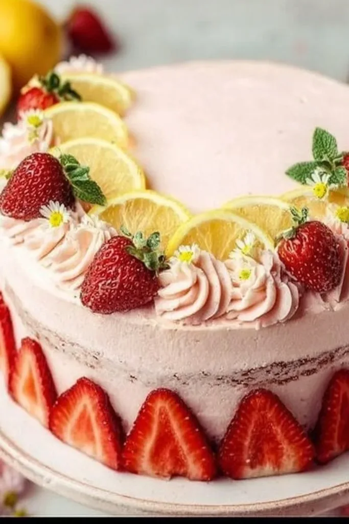 Delicious Lemon Strawberry Layer Cake with fresh strawberries and lemon zest