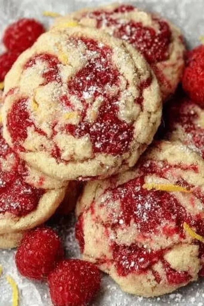 Lemon Raspberry Cookies garnished with fresh raspberries and lemon slices
