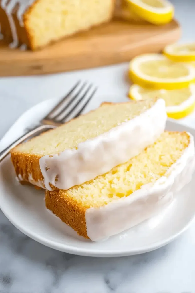 Two glazed lemon cake slices on a white plate with a blurred loaf and fresh lemons, ideal for a delicious lemon cake recipe.