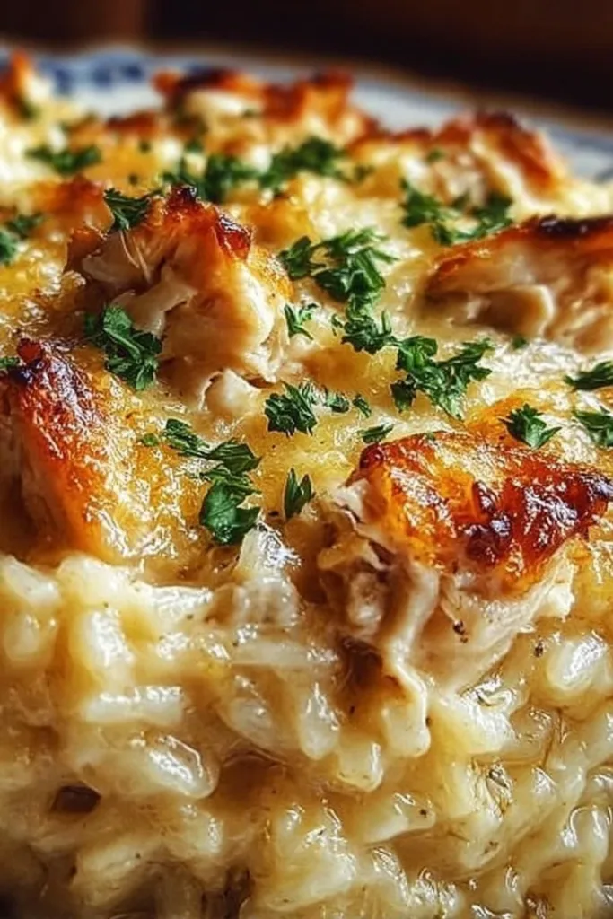 Mamaw's Chicken and Rice Casserole topped with herbs and baked to perfection.