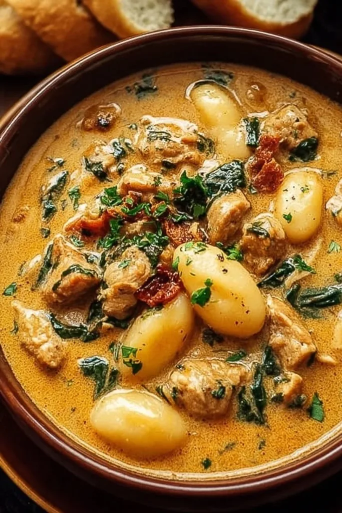 Delicious bowl of Marry Me Tuscan Chicken Gnocchi Soup garnished with herbs