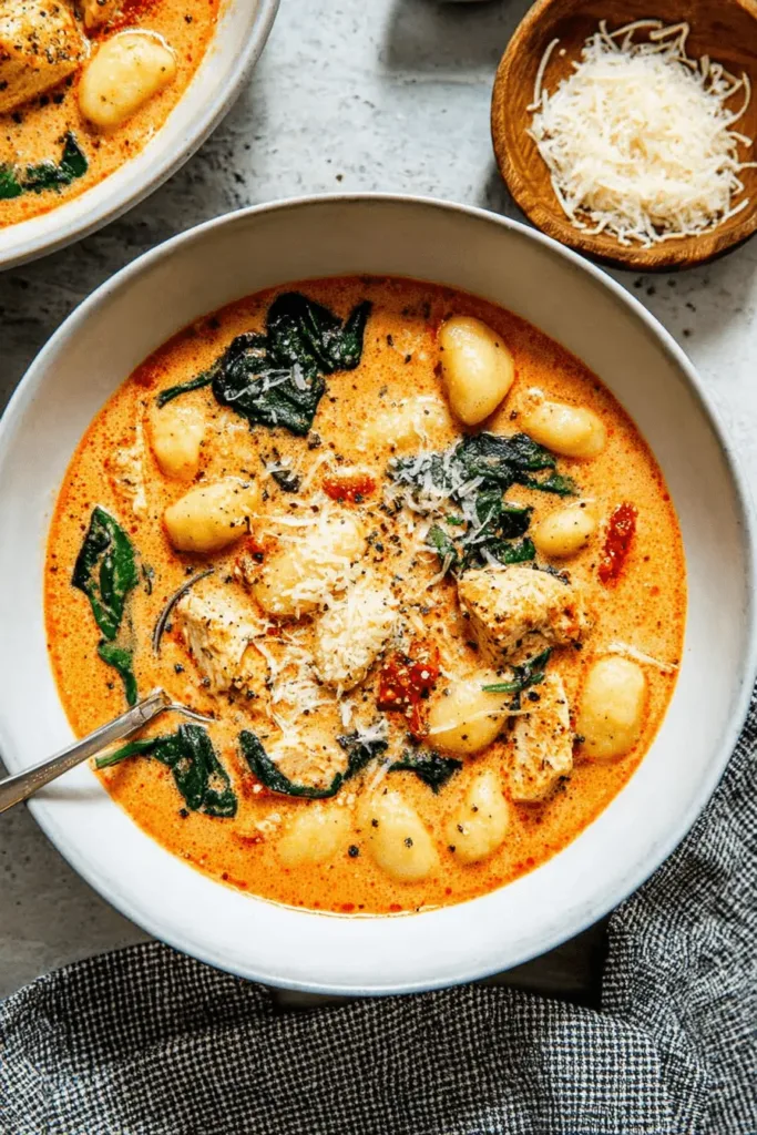 Creamy Marry Me Chicken Soup, a savory dish with gnocchi, spinach, and sun-dried tomatoes, served in a ceramic bowl and topped with Parmesan.