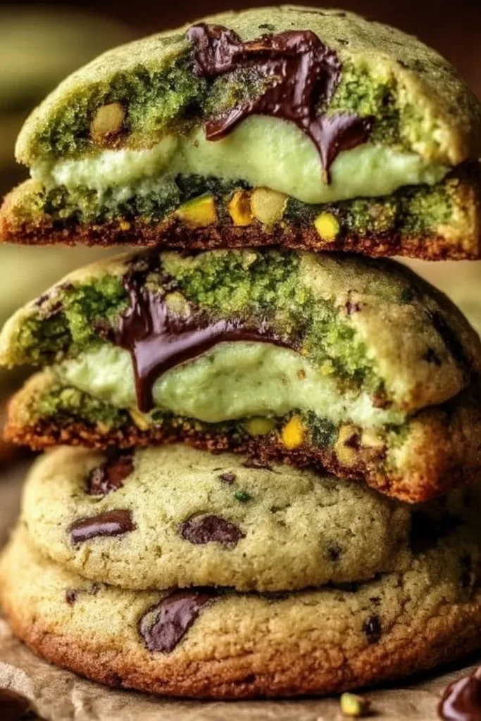 Freshly baked pistachio cream cookies on a rustic table