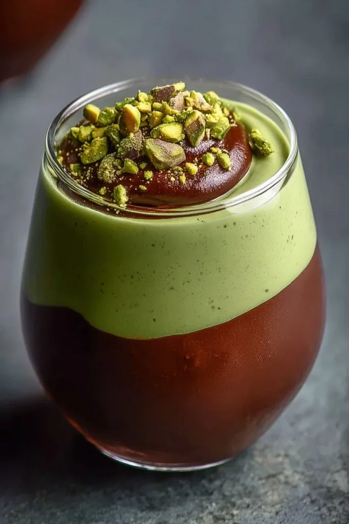 Delicious pistachio mousse dessert topped with chocolate ganache