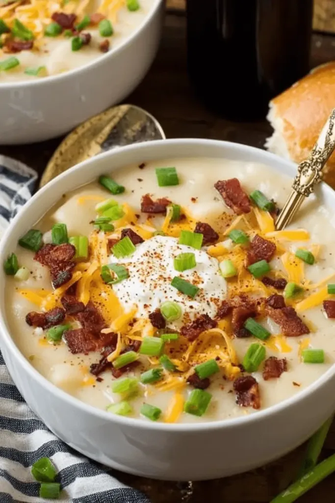 Generously garnished creamy potato soup served in a white bowl on a rustic wooden table.