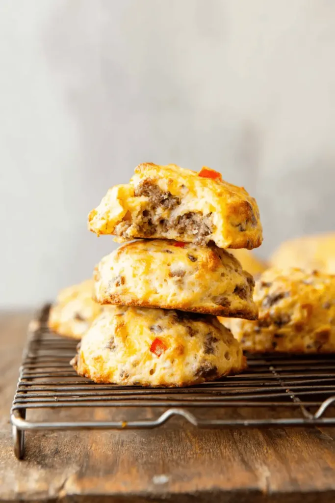 Stack of golden-brown savory Protein Egg Biscuits with a bite taken out, revealing fluffy interior with meat and red flecks, on a cooling rack.