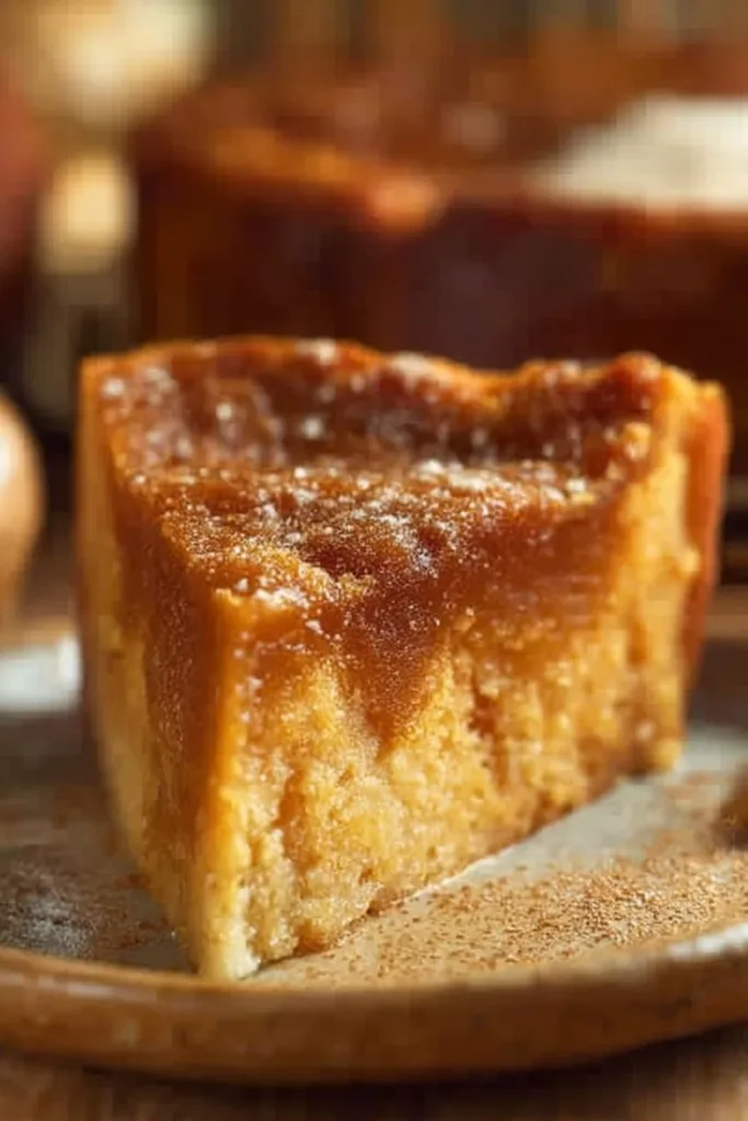 Slice of Pumpkin Gooey Butter Cake on a plate with autumn leaves