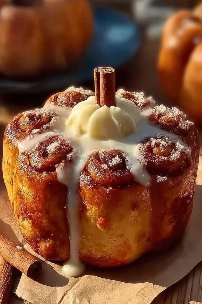 Delicious pumpkin shaped cinnamon rolls with cream cheese frosting