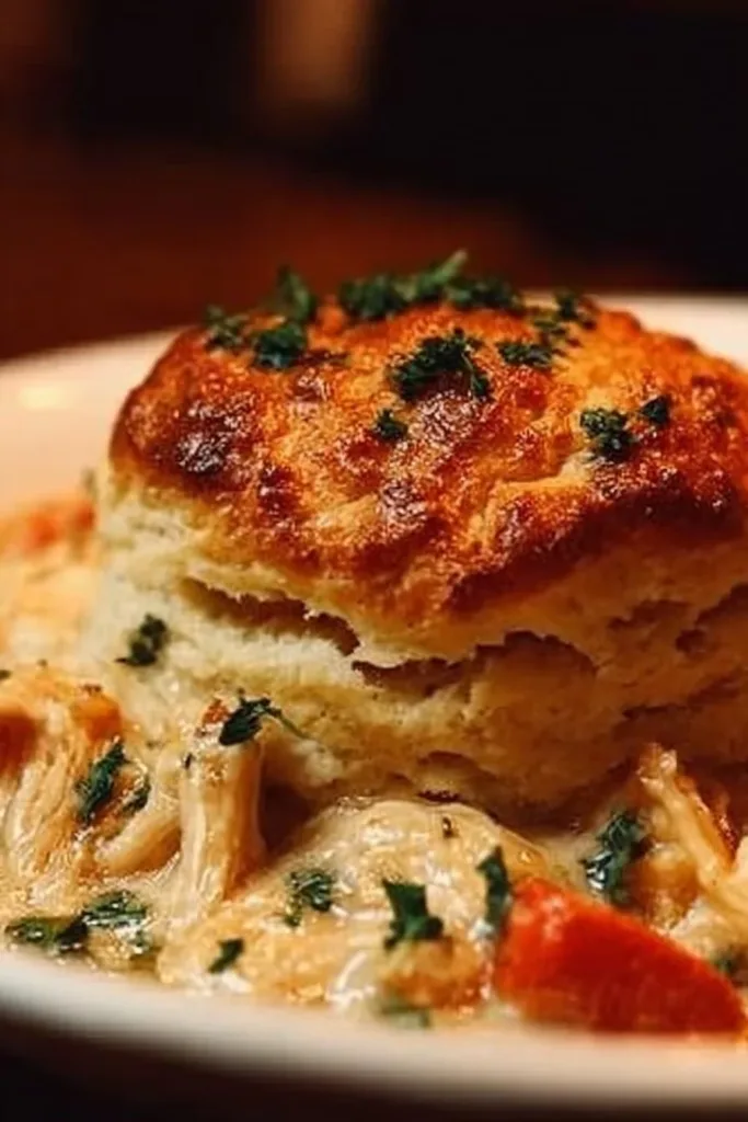 Red Lobster Biscuit Chicken Pot Pie served in a dish with herbs and a biscuit topping.
