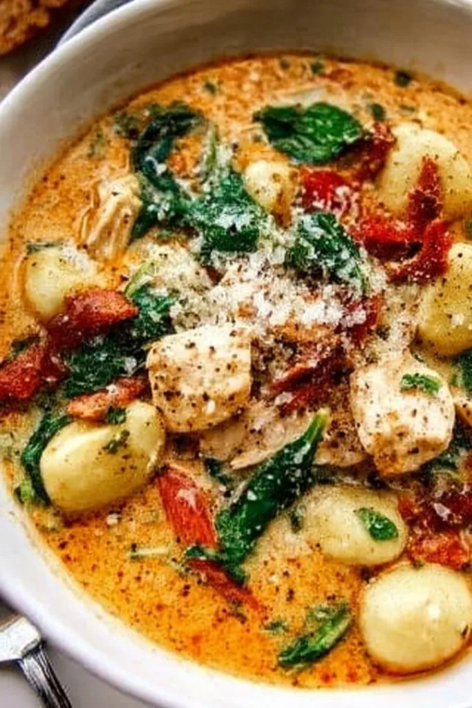 Bowl of creamy Marry Me Chicken Soup garnished with herbs