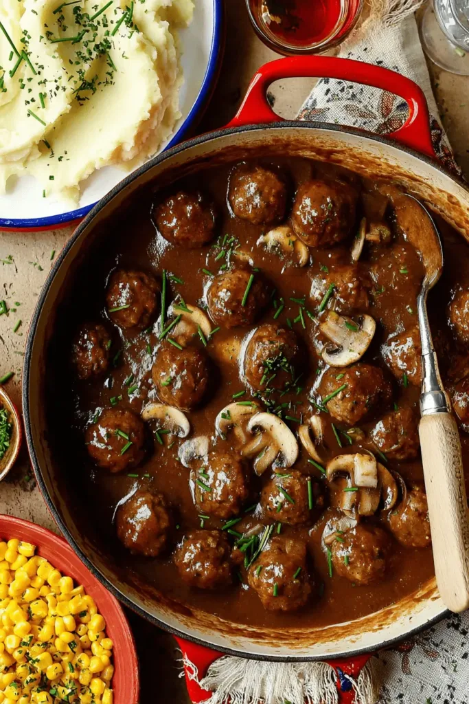 Rustic cast-iron Dutch oven filled with savory Salisbury Steak Meatballs in a rich gravy, served with mashed potatoes and corn.