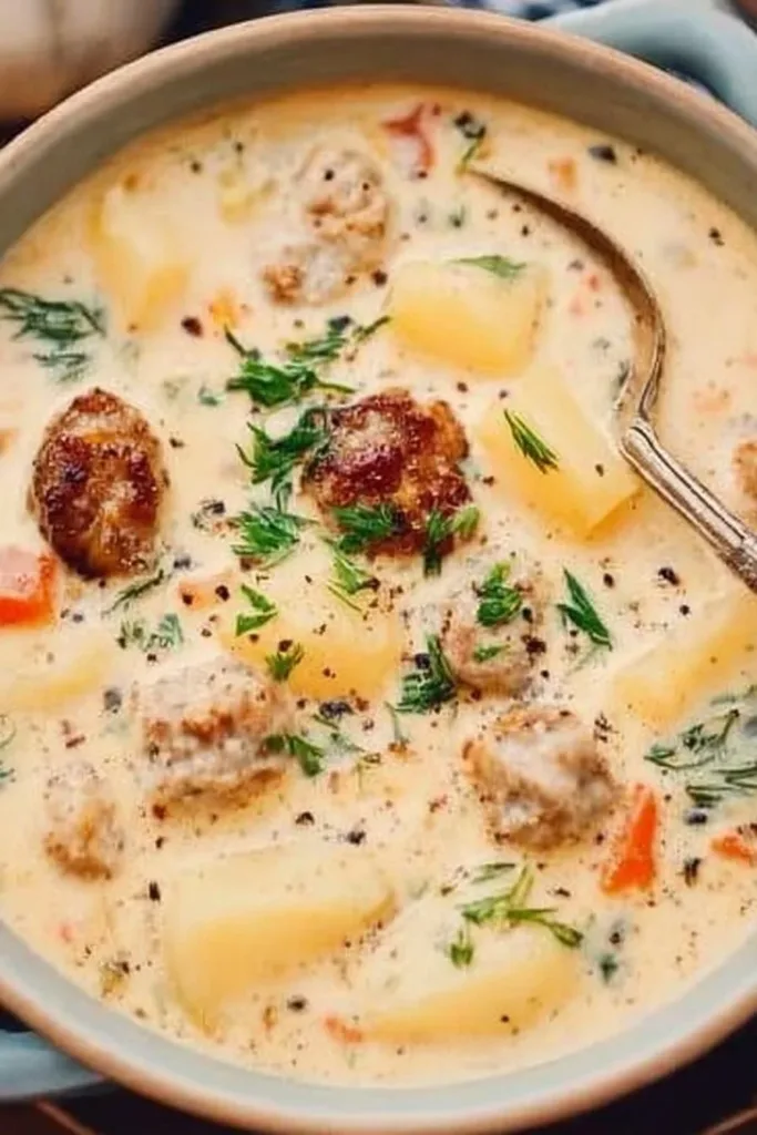 Delicious homemade sausage potato soup garnished with herbs in a bowl