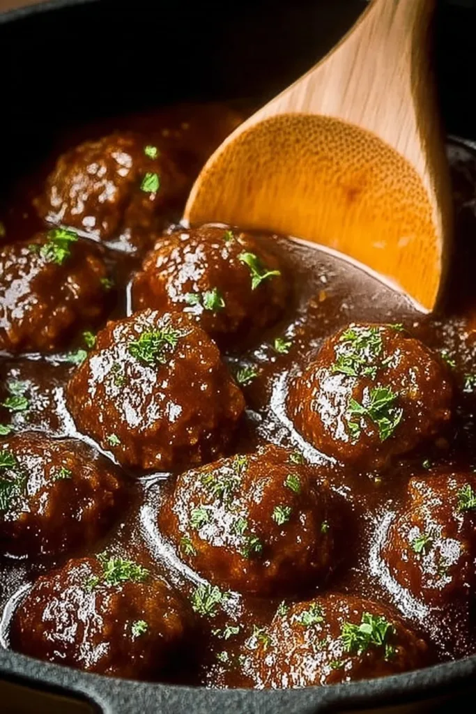 Delicious Slow Cooker Salisbury Steak Meatballs served on a plate