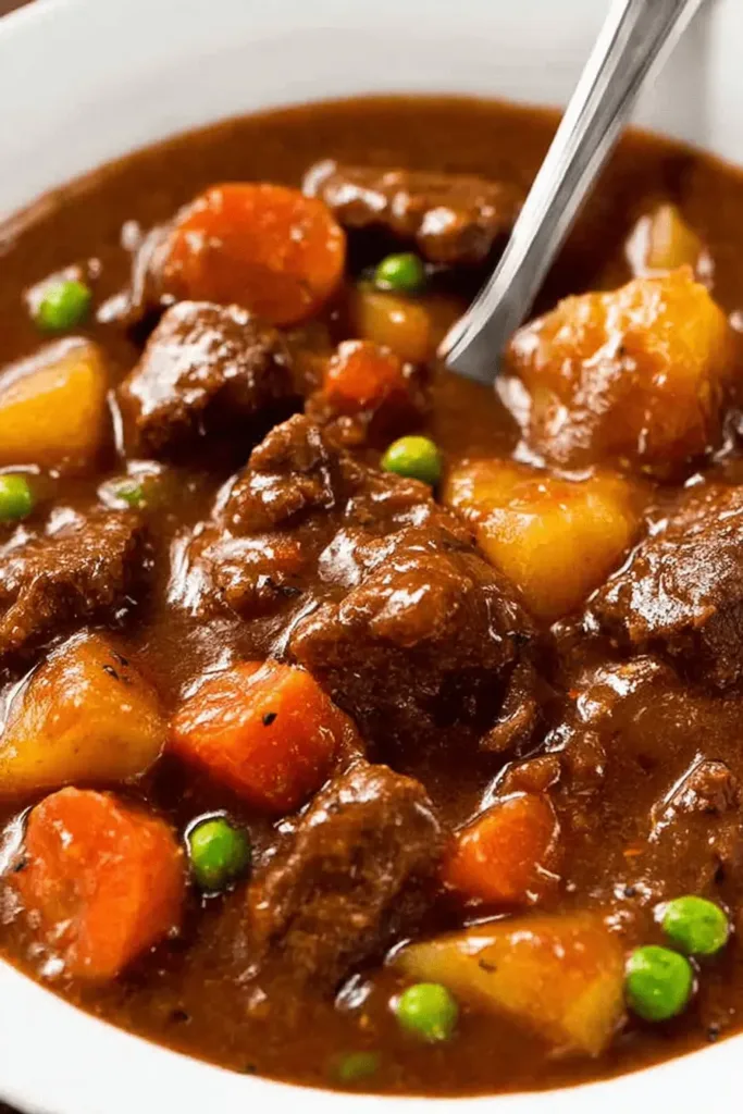 Close-up of a hearty slow cooker beef stew with tender beef, carrots, potatoes, and peas in a white bowl with a spoon.