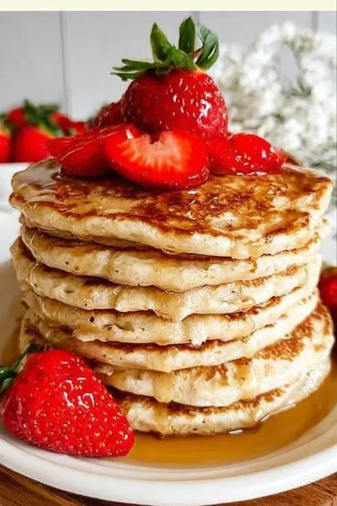 Delicious stack of golden sourdough pancakes topped with syrup and berries