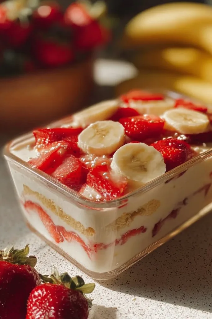 Bowl of strawberry banana pudding topped with sliced strawberries and bananas