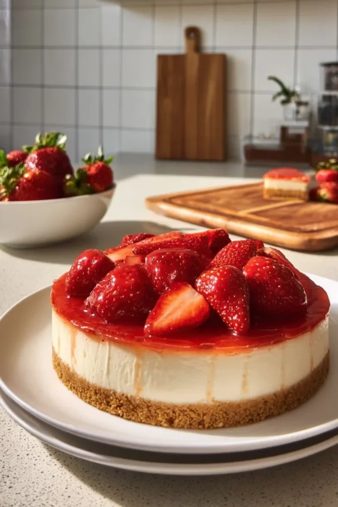 Delicious strawberry cheesecake topped with fresh strawberries and cream