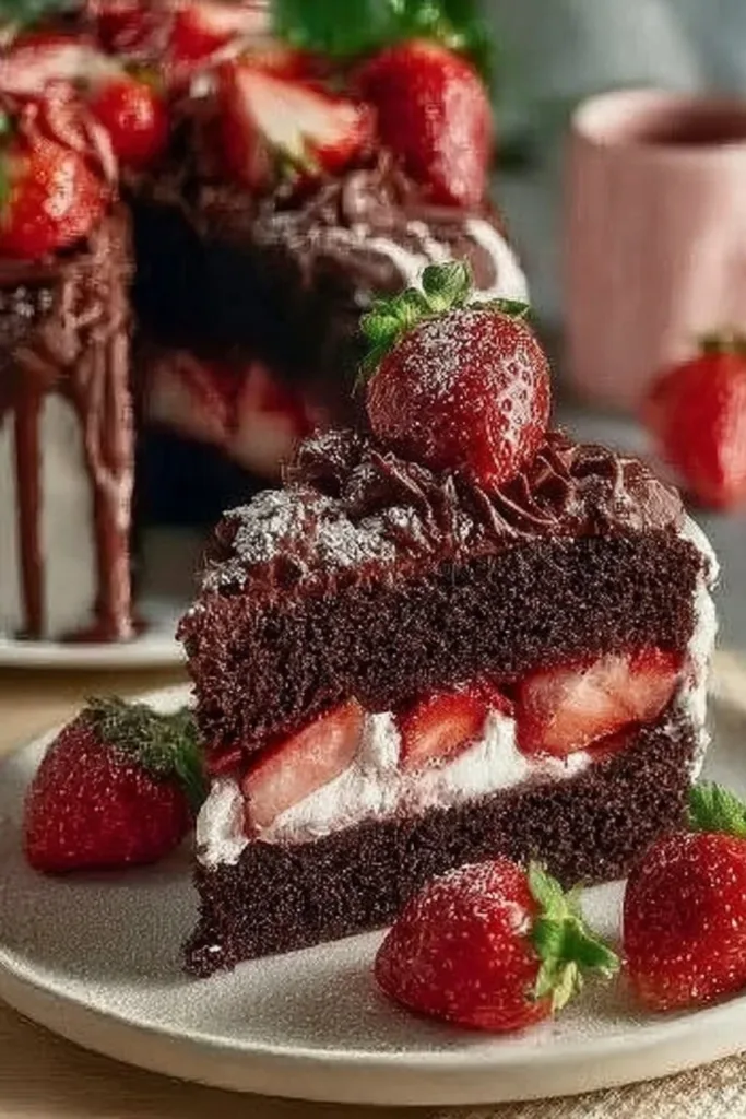Delicious Strawberry Chocolate Cake with fresh strawberries and chocolate frosting