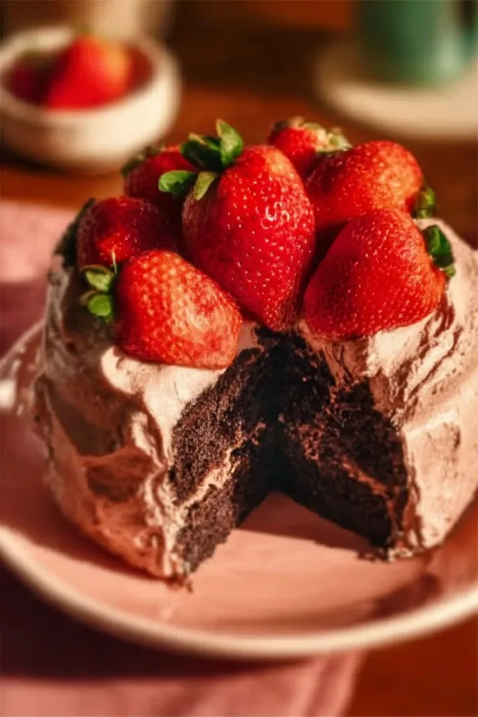 Slice of Strawberry Chocolate Cake topped with fresh strawberries and chocolate drizzle