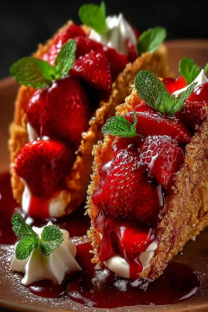 Strawberry Crunch Cheesecake Tacos with fresh strawberries and crunchy topping