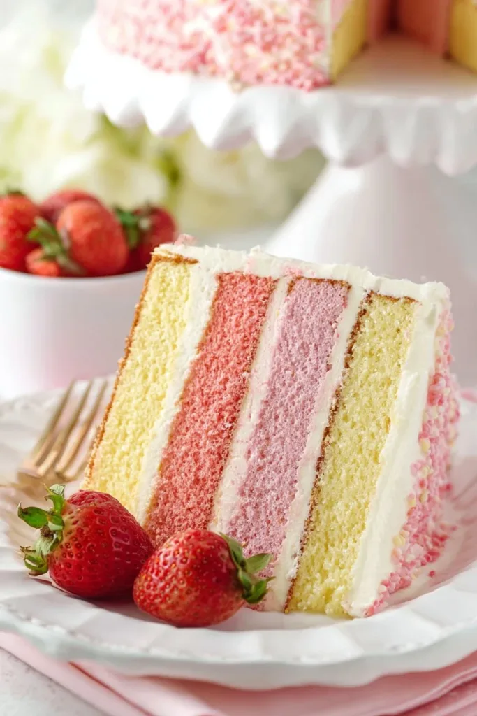 Delicious Strawberry Crunchy Layer Cake with layers of strawberries and crunchy topping