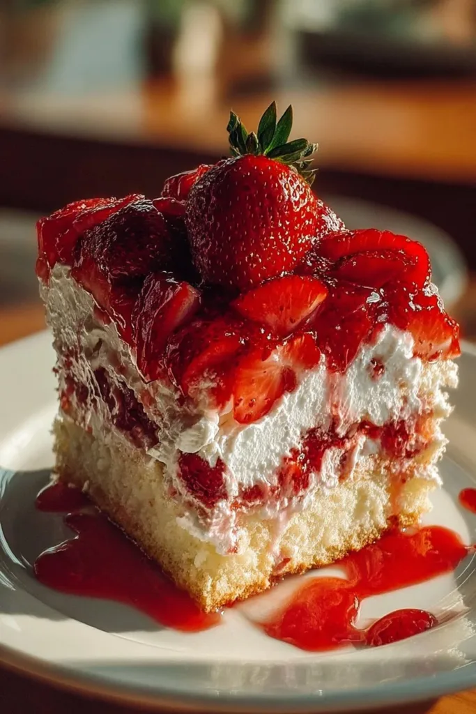 Delicious Strawberry Earthquake Cake topped with strawberries and cream cheese.