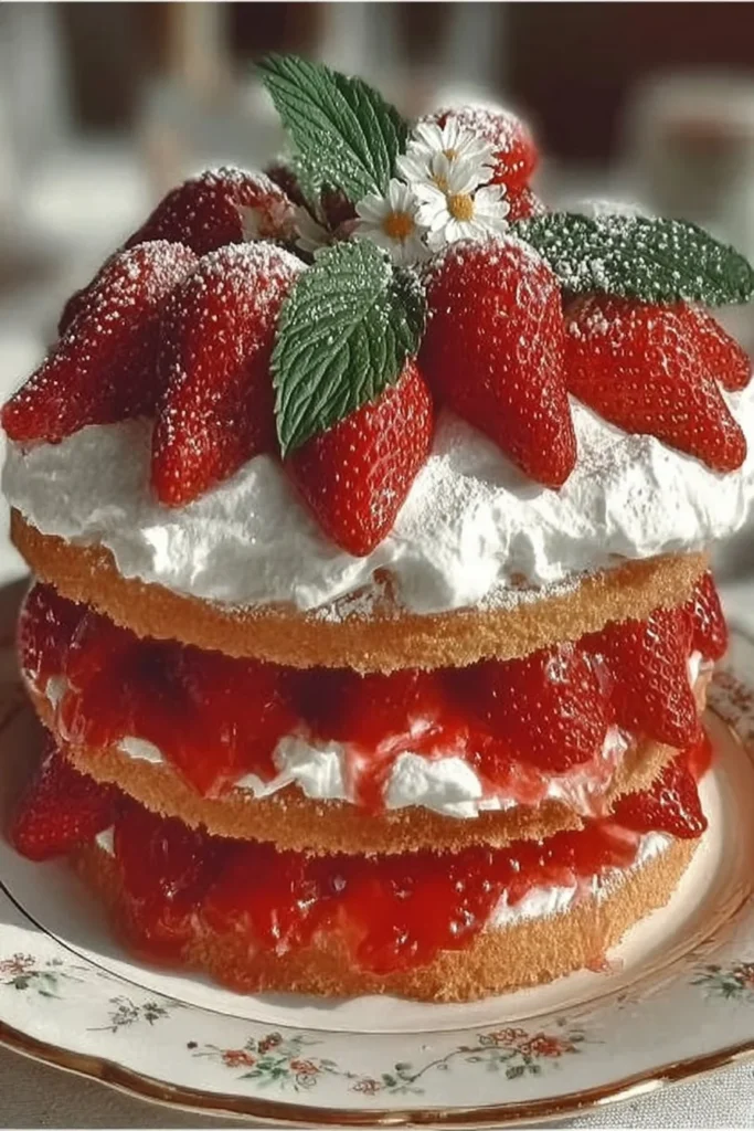 Delicious homemade strawberry shortcake with fresh strawberries and cream.
