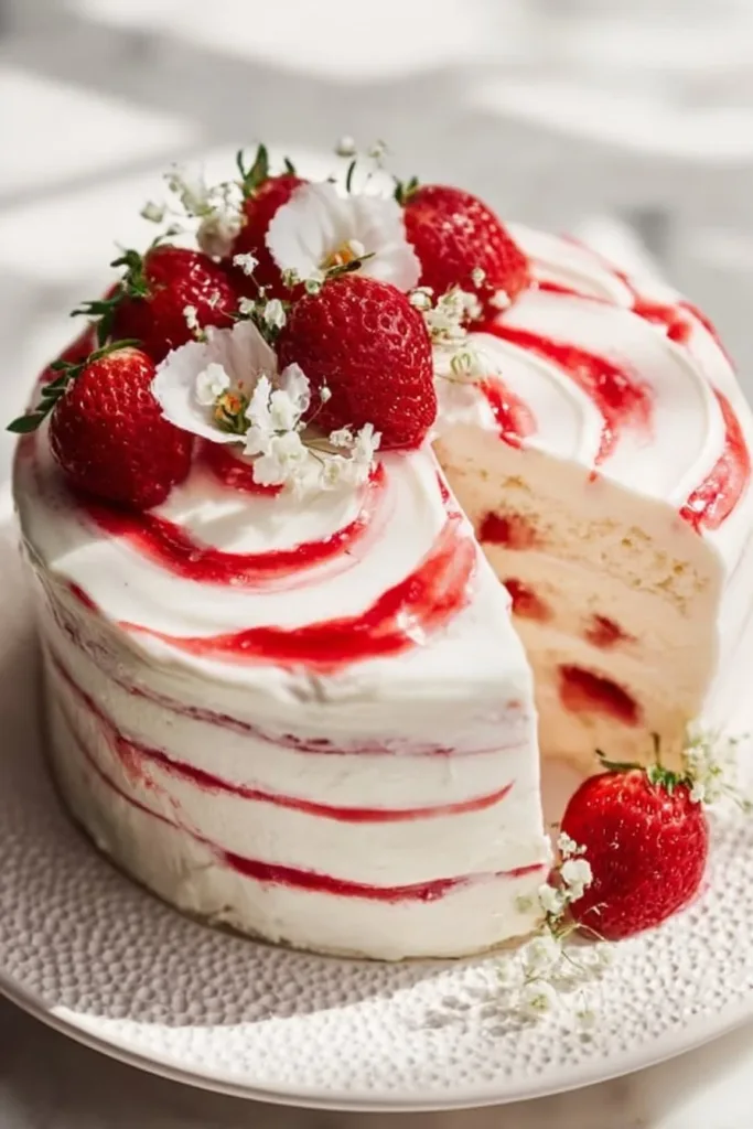 Strawberry Shortcake Layer Cake with fresh strawberries and whipped cream