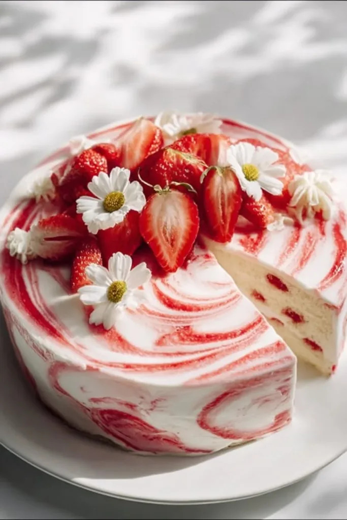 Delicious Strawberry Shortcake Layer Cake with fresh strawberries and whipped cream