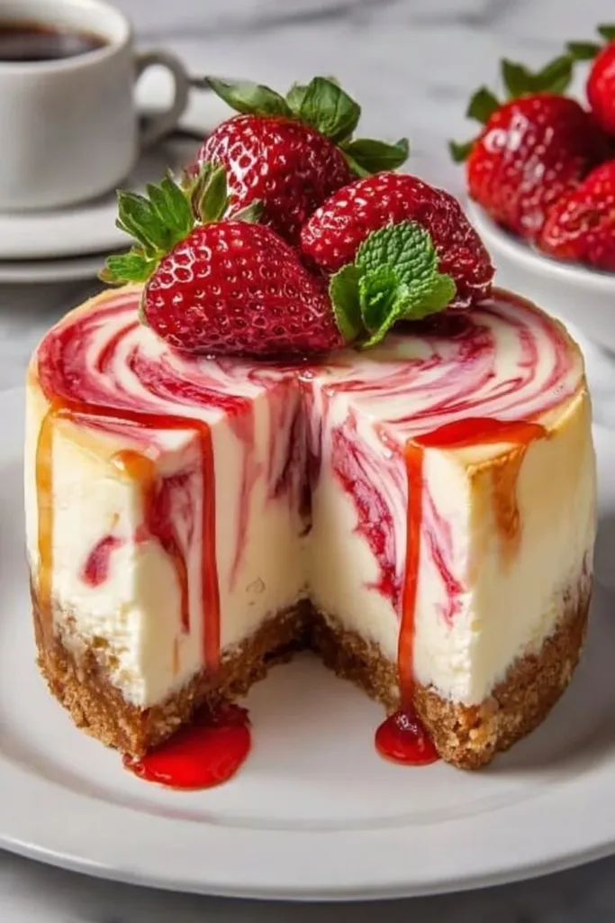 Delicious Strawberry Swirl Cheesecake slice with fresh strawberries on top