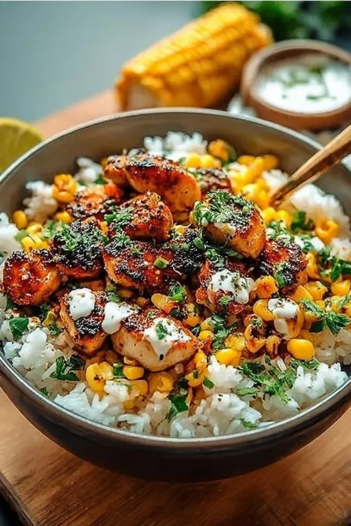 Street Corn Chicken Rice Bowl with grilled corn and savory chicken over rice.