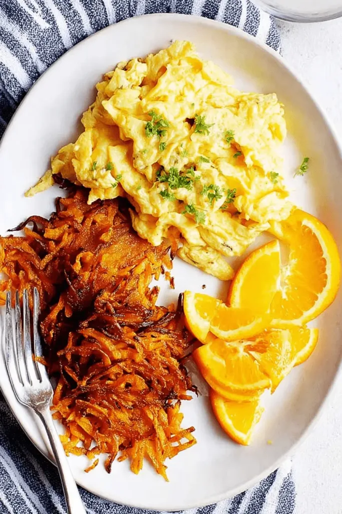 Overhead view of a delicious breakfast plate featuring fluffy scrambled eggs, crispy sweet potato hash browns, and fresh orange slices.