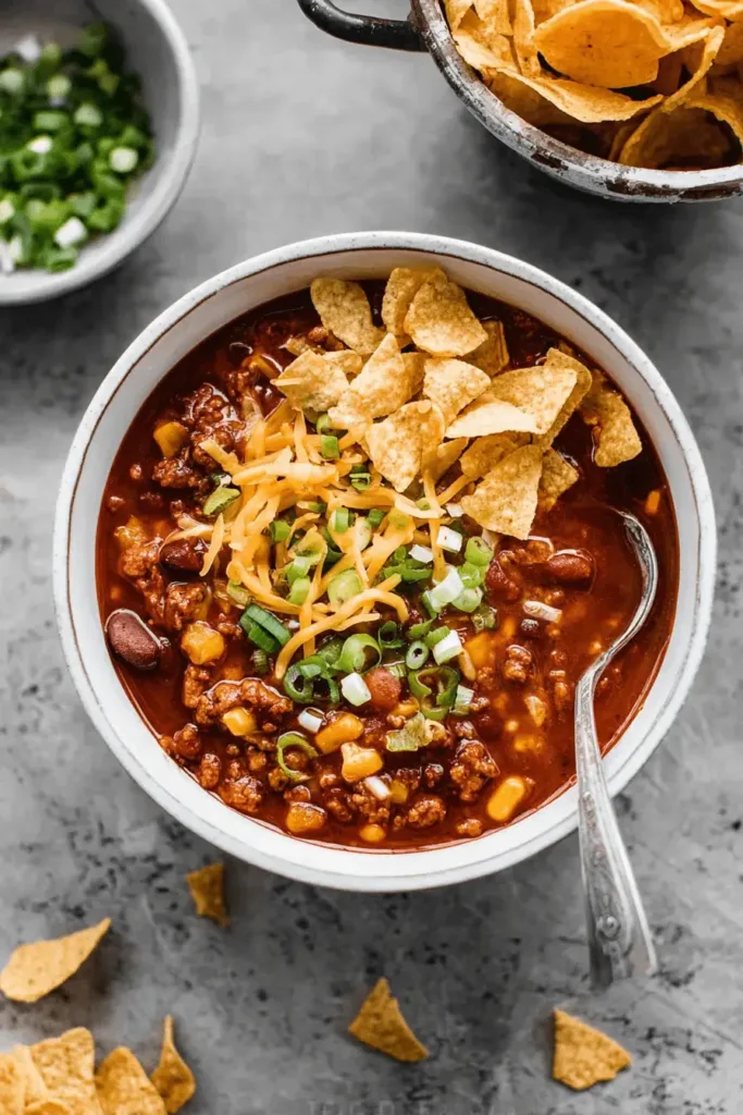 Overhead shot of a hearty bowl of Taco Soup, generously topped with shredded cheddar cheese, fresh green onions, and crunchy corn chips on a rustic surface.