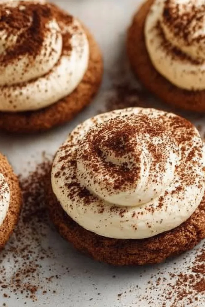 Delicious homemade tiramisu cookies topped with cocoa and coffee flavoring