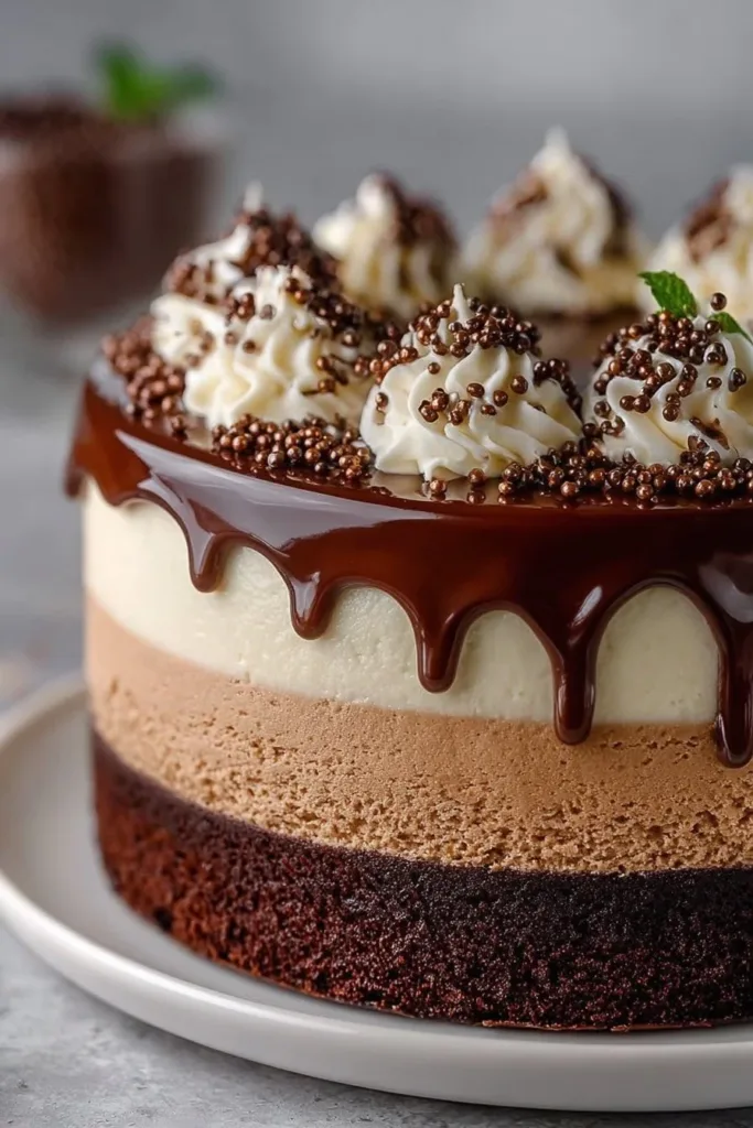 Decadent Tuxedo Cake with chocolate and vanilla layers topped with creamy frosting.